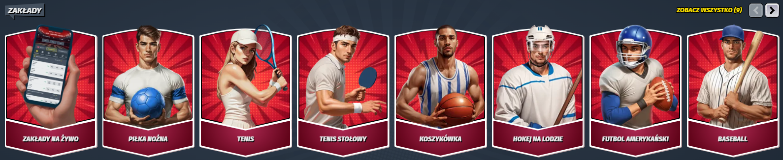 Sports betting section (“ZAKŁADY”) showcasing categories like live betting, football, tennis, table tennis, basketball, ice hockey, American football, and baseball, each represented by illustrated athlete cards.