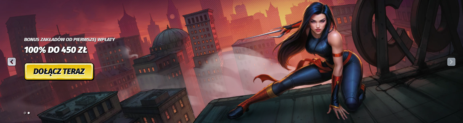 Hero banner featuring a female action character on a rooftop with a city backdrop, promoting a first deposit betting bonus of 100% up to 450 zł, with a yellow “Dołącz teraz” (Join now) call-to-action button.