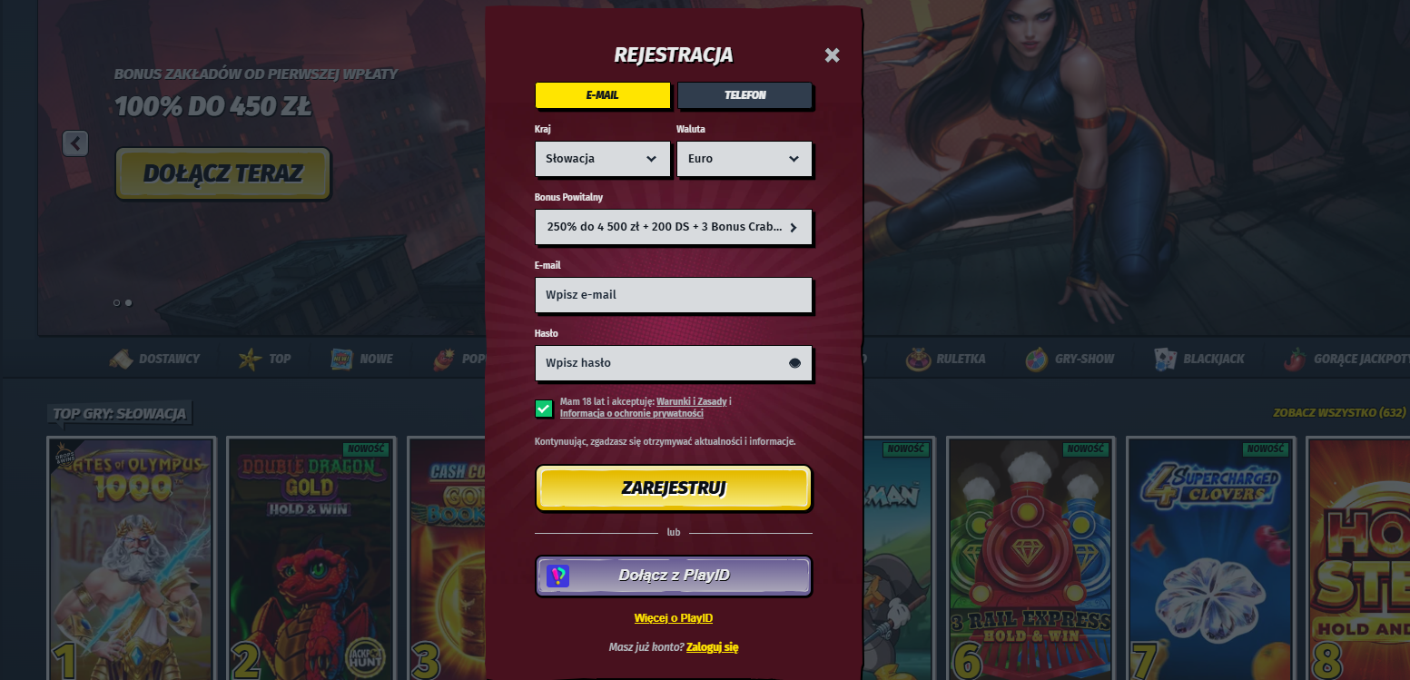 Registration modal in Polish (“Rejestracja”) with E-mail and Phone tabs, fields for country (Słowacja), currency (Euro), welcome bonus selection, email and password inputs, a terms acceptance checkbox, a yellow “Zarejestruj” button, and an alternative “Dołącz z PlayID” option.