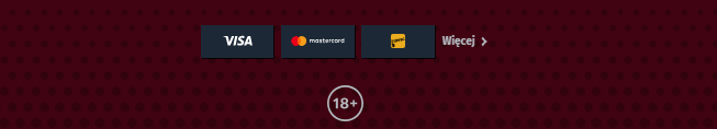Footer with Visa, Mastercard, and Interac payment icons, a “Więcej” (More) link, and an 18+ age restriction badge on a red dotted background.